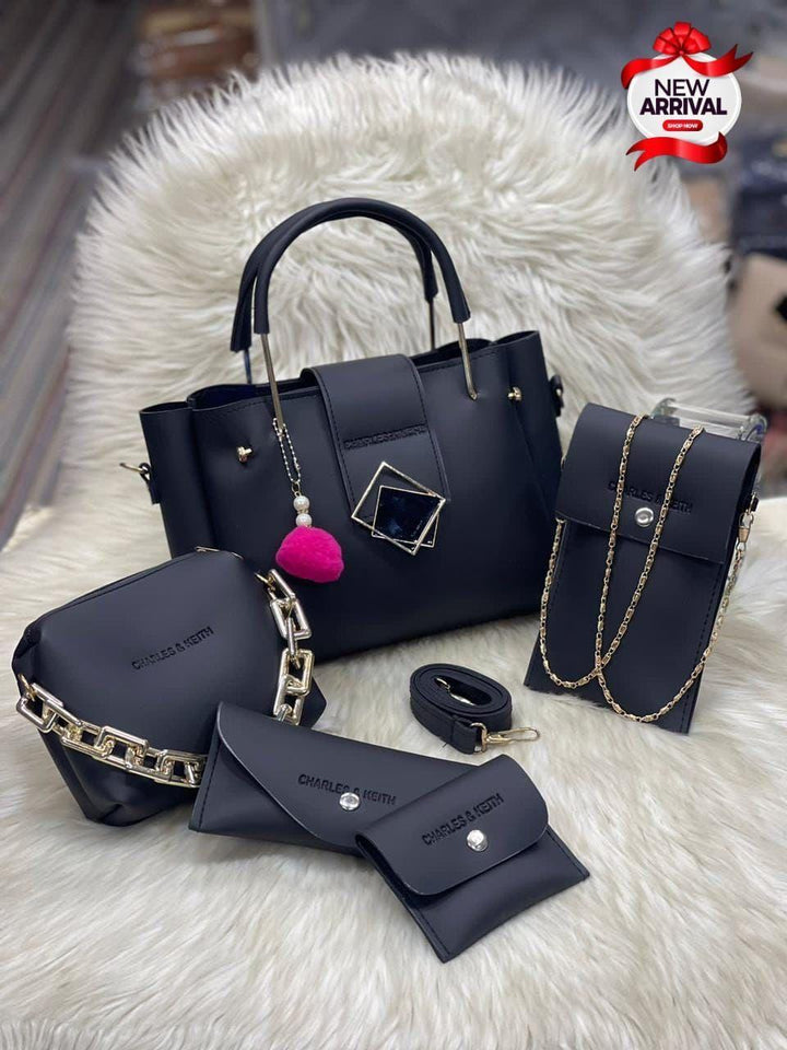 Women's leather handbags 5pcs in bule plain pattern